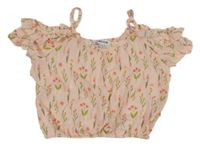 Svetloružová crop blúzka s kvietkami a volánikmi a volnými rameny MANGUUN