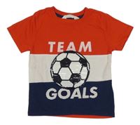 Červeno-bielo-tmavomodré tričko s míčem z flitrů a nápismi H&M