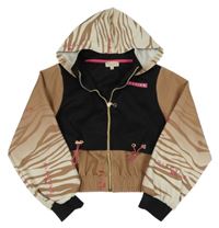 Hnědo-černá propínací propínací crop mikina s logy a vzorem a kapucí RIVER ISLAND