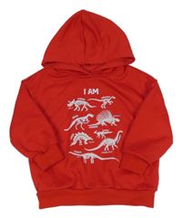 Červená mikina s kostrami dinosaurů a kapucí