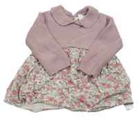 Starorůžovo-biele svetrovo/lehké šaty s kvetmi a golierikom Primark