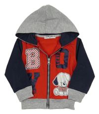 Červeno-tmavomodro-sivá prepínaci mikina so psem a kapucňou