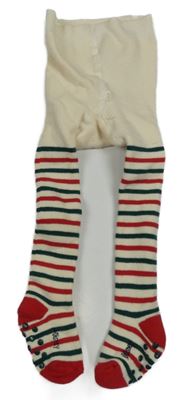 Krémovo-zeleno-červené pruhované thermo pančuchy s Donaldem Disney