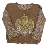 Hnědé triko s korunou a květinami Adams