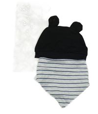 Nové - 2set - Černá bavlněná čepice s oušky + šedo-černo-modrý pruhovaný slinták