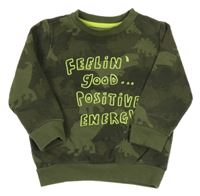 Khaki mikina s dinosaurami a nápisom F&F