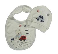 2set - Smotanová bavlnená čapica s autom a hvězdami + slinták s medveďmi a autami