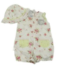 Nové - 2set - Biely kvetovaný kraťasový overal s volánky + klobúk Next