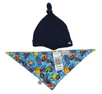 2set - Tmavomodrá puntíkatá bavlněná čepice + bílo-modrý slinták s listy a zvířaty