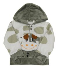 Bílo-khaki vzorovaná plyšová mikina s krávou a kapucňou