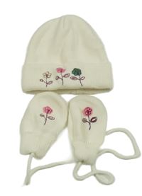 2 set - smetanová čepice s výšivkou květů + rukavice 
