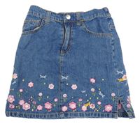 Modrá rifľová sukňa s výšivkami květů H&M
