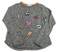 Šedé melírované úpletové triko s nášivkami H&M
