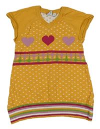 Hořčicovo-ružovo-zelené vzorované svetrové šaty so srdiečkami