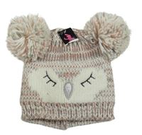 Nové - Šedo-bílo-růžová melírovaná čepice s bambulemi - sova 