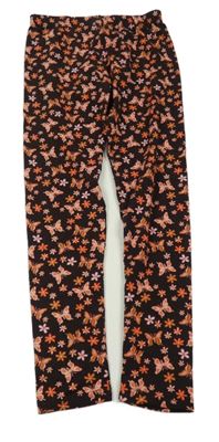 Hnědo-růžové květované legíny s motýlky 