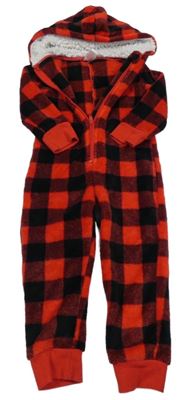 Červeno-čierna kockovaná plyšová kombinéza s kapucňou Peacocks