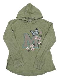 Zelený úpletový ľahký sveter s písmenem a kapucňou H&M