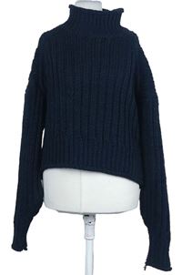 Dámsky tmavomodrý rebrovaný oversized crop sveter so stojačikom