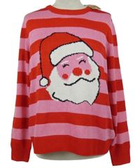 Nové - Dámsky ružovo-červený pruhovaný sveter so Santou zn. Primark