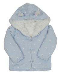 Světlemodrý puntíkovaný zateplený propínací svetr s kapucí 