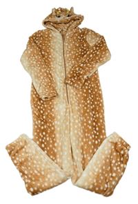 Rezavo-béžová puntíkatá chlupatá kombinéza s kapucí- srnec H&M