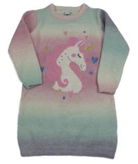 Růžovo-mátovo-fialové pletené šaty s jednorožcem Primark