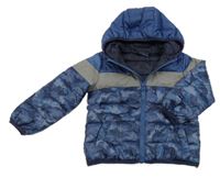 Tmavomodro-šedá šusťáková zateplená bunda s dinosaury a kapucí Impidimpi