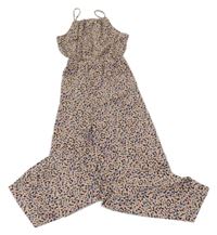 Hnědo-béžový květovaný kalhotový culottes overal H&M