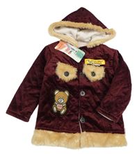 Nové - Vínový zamatový zateplený kabát s medvedíkmi a kapucňou