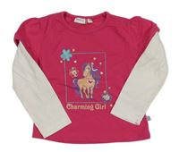 Fuchsiové triko s jednorožcem a bílými rukávy 