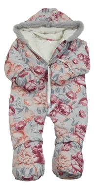 Šedo-růžová květovaná šusťáková zimní kombinéza s kapucí