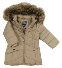 Béžový prošívaný šusťákový zimní kabát s kapucí s kožešinou 