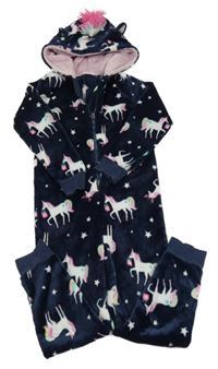 Tmavomodrá chlupatá kombinéza s jednorožci a kapucí 