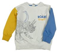 Bielo-modro-žltá mikina s dinosaurami