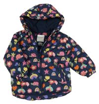 Tmavomodrá šusťáková prošívaná zimní bunda s kytičkami a kapucí Next