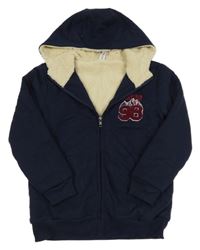 Tmavomodrá zateplená propínací mikina s číslem a kapucí Yigga 