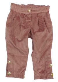 Růžové sametové žebrované podšité kalhoty 