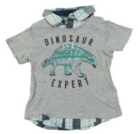 Sivé tričko s kostkovanou košilovou vsadkou a dinosaurom C&A