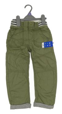 Nové - khaki kockované chino plátenné podšité nohavice s úpletovým pasom NUTMEG