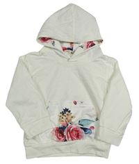 Biela mikina s vreckom s růžemi a kapucňou