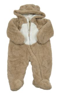 Hnědo-bílá kožešinová zateplená kombinéza s kapucí s oušky