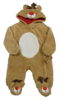 Nové - světlehnědo-bílá huňatá podšitá kombinéza s kapucí - sob PRIMARK