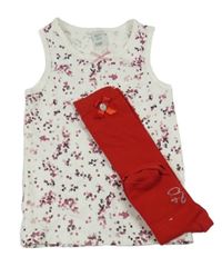 2Set - Smetanová košilka s kytičkami a mašlí Topomini + červené podkolenky 