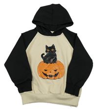 Světlebéžovo-čierna mikina s tekvicou a mačičkou a kapucňou