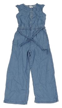 Světlemodrý kalhotový culottes overal riflového vzhledu s volánky a páskem POCOPIANO