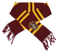 Vínovo-tmavožlutá pletená šála s erbem - Harry Potter a pruhy a třásněmi 