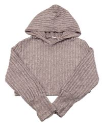 Staroružová melírovaná rebrovaná úpletová crop mikina s kapucňou Shein