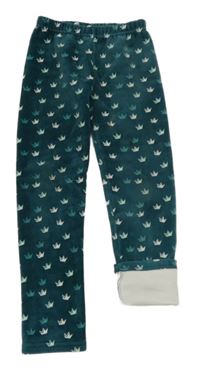 Tmavozelené plyšové zateplené legíny s korunkami Topolino