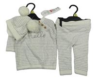 Nové - 3set - Bílo-světlešedý pruhovaný svetr s nápisem + pletené tepláky + čepice s bambulemi